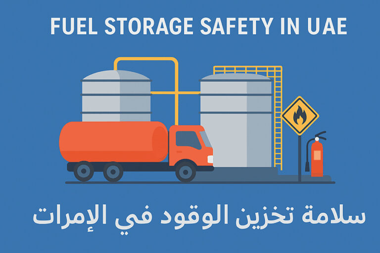 Industrial fuel storage tanks in the UAE under Safeenat Al Sharq supervision, showing compliance and safety systems.