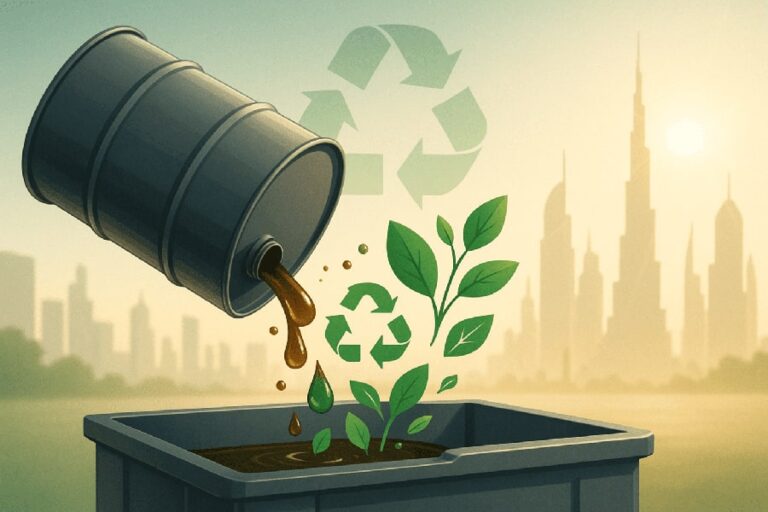 An industrial tanker collecting used oil in the UAE, representing Safeenat Al Sharq’s oil recycling and sustainability efforts.